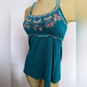 Flying Tomato Teal Embroidered Tank Top with Ruffle Trim